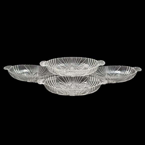 Lot of 4 Hazel Atlas Glass Clear Olive Dish Oval Fan Triangle Tab Handle - Picture 1 of 16